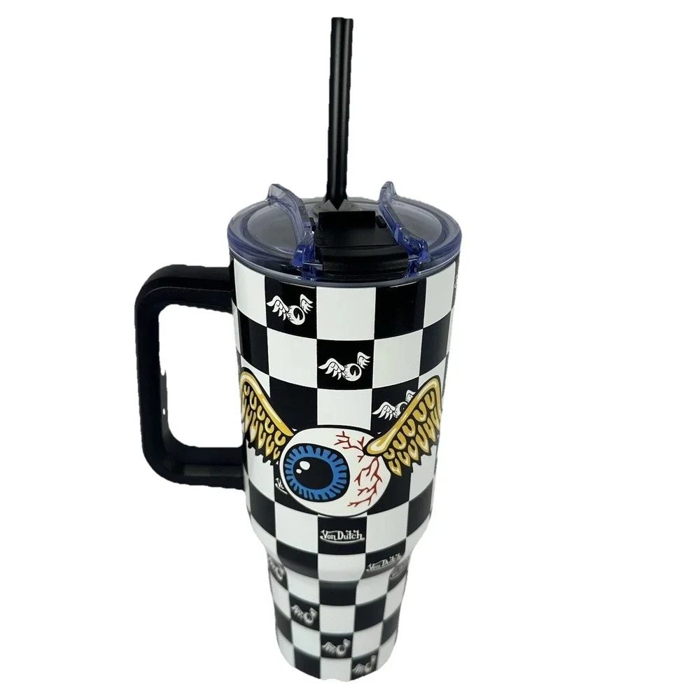 Von Dutch Checker Eyeball Wings 40 oz Tumbler With Handle Straw NWT